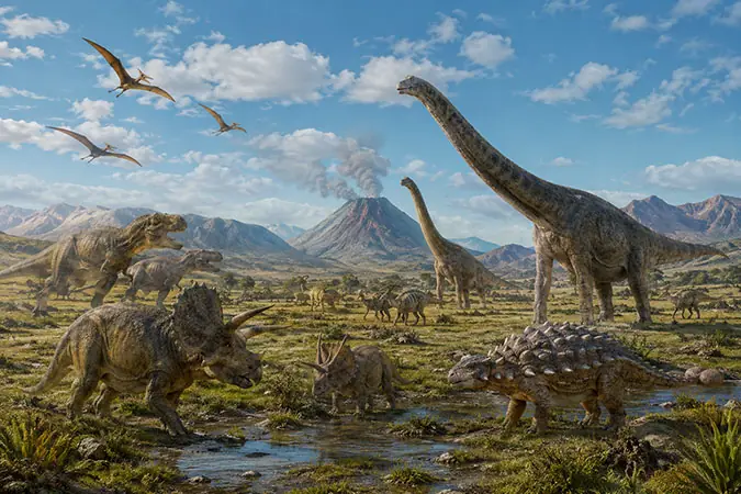 Prehistoric animals roaming the plain small